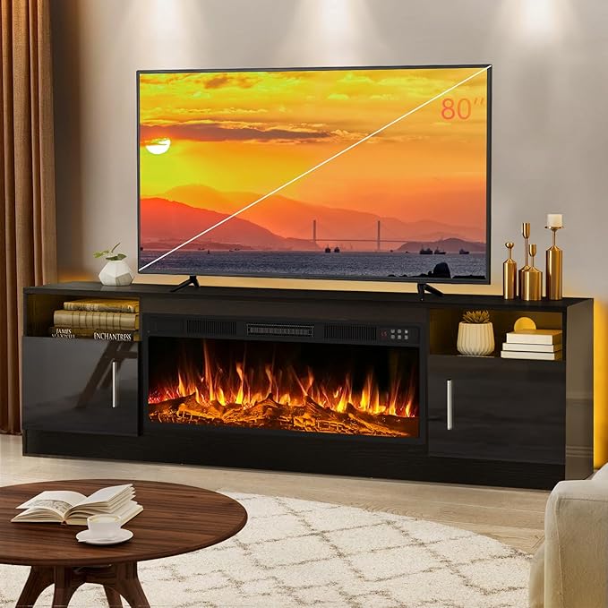 LEMBERI 70" Fireplace TV Stand for TVs up to 80", 36" Electric Fireplace 750W/1500W Entertainment Center with 20-Color LED, 300lbs Max Capacity High Gloss Storage Cabinet Console, Black