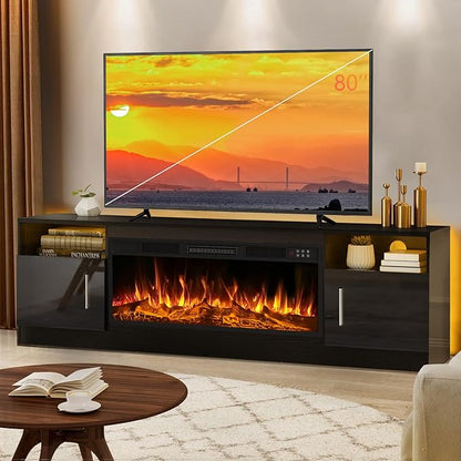 LEMBERI 70" Fireplace TV Stand for TVs up to 80", 36" Electric Fireplace 750W/1500W Entertainment Center with 20-Color LED, 300lbs Max Capacity High Gloss Storage Cabinet Console, Black
