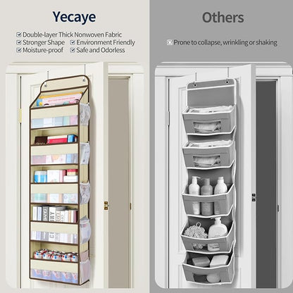 Yecaye Over The Door Organizer Storage, 5-Tier Heavy Duty Door Organizers Hanging with 10 Side Mesh Pockets, 44 lbs Load Capacity Behind Door Storage for Bathroom Nursery Bedroom Dorm Closet,Beige,1Pc