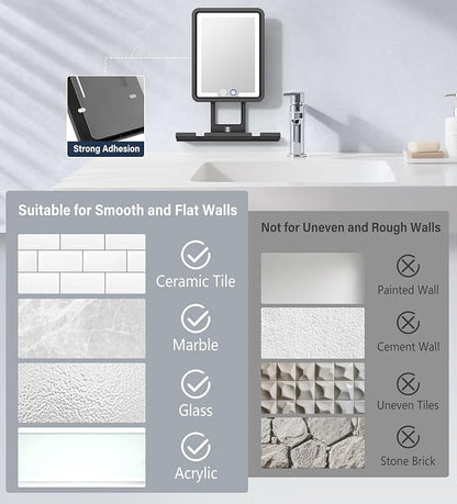 Shinowa Heated Shower Mirror Fogless for Shaving, 360° Adjustable Lighted Shower Mirror with 3 Color Modes, Rechargeable Anti Fog Shower Shaving Mirror with Large Storage Tray & Razor Holder, Black