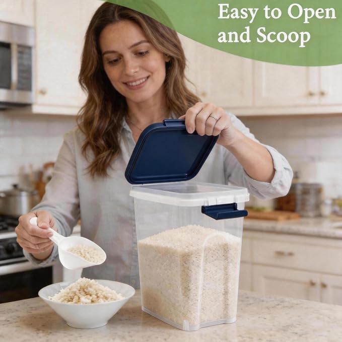 Tight-Lock Rice Container 10-15 Lbs - Airtight Flour Container with Scoop - Plastic Food Storage Container for Cereal, Sugar - Dry Food Dispenser for Kitchen, Pantry Organizers and Storage - Dark Blue