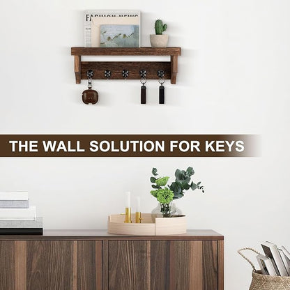 Key and Mail Holder Wall Mount, Key Holder with Shelf and Mail Organizer Wall Mount. Mail Holder with 5 Hooks for Coat, Dog Leash, Home Decor Rack, Entry Way Organizer (Brown)