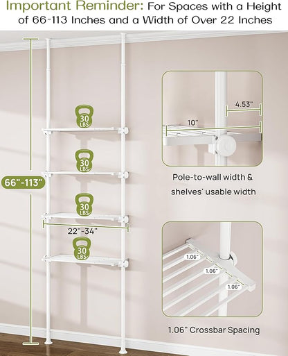 ALLZONE Adjustable Over The Toilet Storage Shelf, 4-Tier Ample Bathroom Organizer and Storage, Tension Mounted Above Toilet Storages Cabinet for Versatility, Fits 66-113 Inch Heights, White