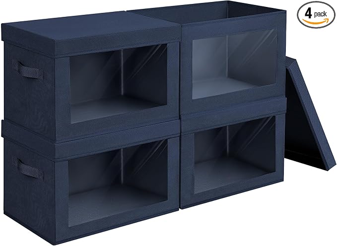 Homsorout Foldable Storage Boxes with Lids - Decorative Storage Boxes with Clear Window, Fabric Storage Baskets for Organizing, Closet Storage for Clothes, Yarn, Home, Navy Blue, 4-Pack