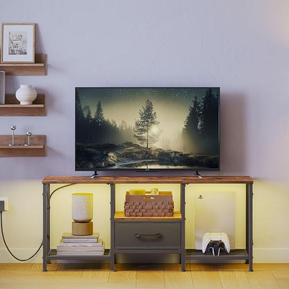 JARHETUN LED TV Stand with Fabric Drawer, Entertainment Center for 50 55 Inch TV, Industrial TV Console Table with Open Storage Shelves for Living Room, Bedroom, Rustic Brown
