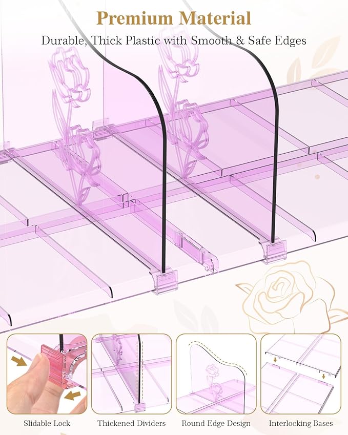 Rose Purse Dividers for Closet, 2 Pack Clear Clutch Purse Closet Organizers, Adjustable Handbag Storage Organizers, Plastic Bookshelf Separator Dividers for Bedroom Office