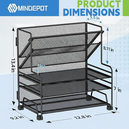 4-Tier Paper Organizer + 3-Pocket File Holder, Desktop File Organizers Paper Tray for Office School Classroom Workspace Organization (Black Desk Organizer, No Drawer & No Pen Holder)