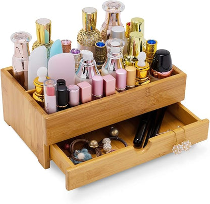 GOBAM Makeup Storage Drawer Organizer Bamboo Wood Cosmetic Display Box, Large Capacity Bathroom Beauty Countertop Organizer, Great for Bathroom Dresser
