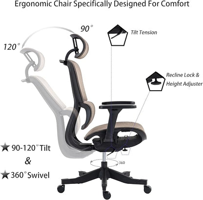 Ergonomic Office Chair with Independent Lumbar Support, Adjustable Height & 360° Swivel for Home Office Workstation (Brown)