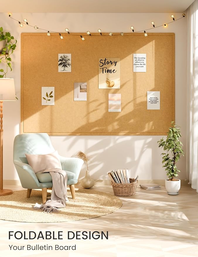 Fluxynara Large Bulletin Board, 70.8" x 47.2"Cork Board Alternative with 48 Safe Removable Adhesive Tabs, Foldable Felt Pin Board for Home Office, Classroom, Bedroom,Entryway for Walls— Mustard Yellow