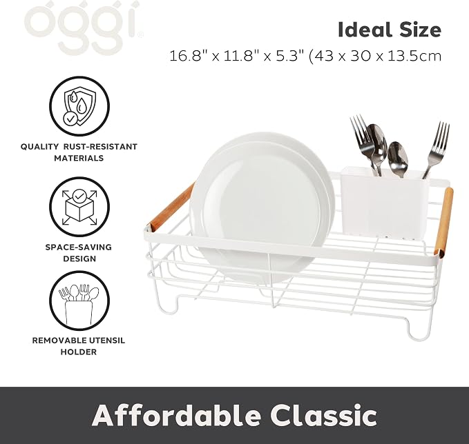 Oggi Large Dish Drying Rack - White & Bamboo Dish Drying Rack, Drying Rack Kitchen, Dish Rack, Dish Racks for Kitchen Counter, Durable Coated Metal Kitchen Drying Rack with Cutlery Holder