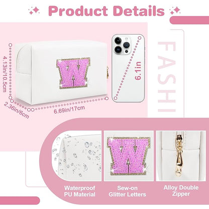Small Initial Patch Makeup Bag Personalized Gifts Make Up Bag,White Cute PU Leather Glitter Letter Cosmetic Bag with Zipper,Trendy Portable Travel Toiletry Pouch,Preppy Stuff for Teen Girls Women W