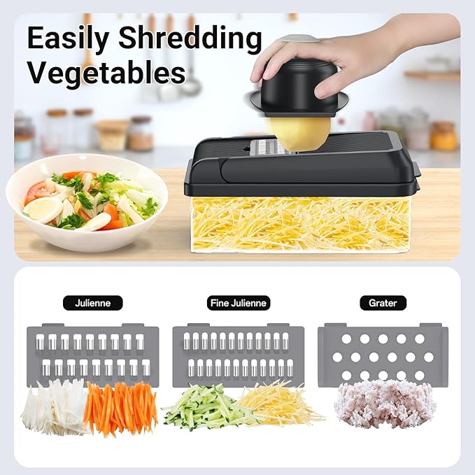 SpaceHacks 15-in-1 Vegetable Chopper, Kitchen Gadgets with 10 Blades, Veggie, Food, Onion Chopper, Cucumber Slicer, Versatile Mandoline, Includes Egg Separator & Finger Guard, Gray