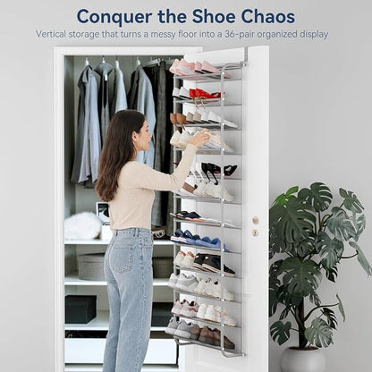 Whitmor 36 Pair Over The Door Shoe Organizer, 12 Tier Hanging Shoe Organizer, Heavy Duty Metal & Mesh Shoe Holder, Hanging Shoe Rack for Closet Organizer & Storage, 74"H x 21.7"W x 7.5"D, Grey