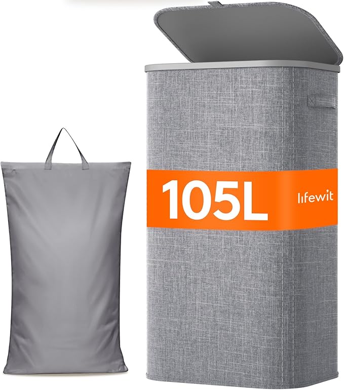 Lifewit 105L Laundry Basket with Lid, Large Laundry Hamper with Plastic Handles and Removable Bag, Foldable Tall Dirty Clothes Hampers for Laundry for Laundry Room, Bedroom, Bathroom, Dorm, Light Gray