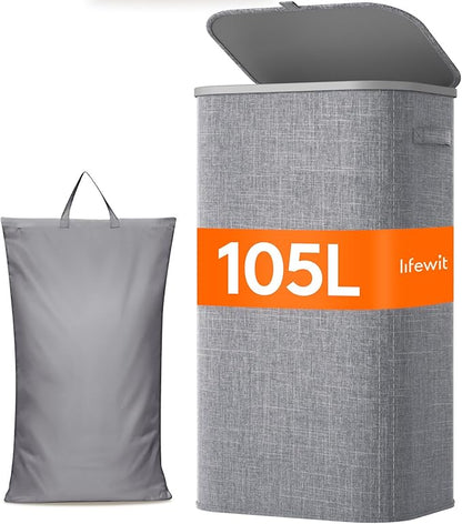 Lifewit 105L Laundry Basket with Lid, Large Laundry Hamper with Plastic Handles and Removable Bag, Foldable Tall Dirty Clothes Hampers for Laundry for Laundry Room, Bedroom, Bathroom, Dorm, Light Gray