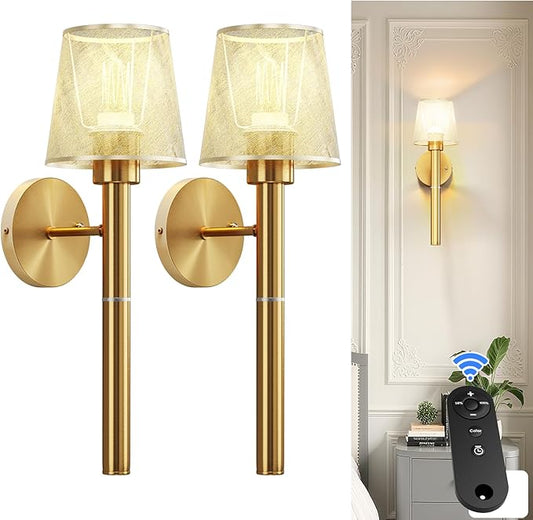 Battery Operated Wall Sconces Set of 2, 5200mAh Gold Rechargeable Wall Lights with 3 Color, Remote Control & Timer Function for Bedroom Living Room Hallway Decor