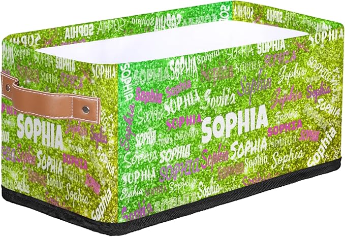 Personalized Small Storage Basket with Name, Countertop Toilet Paper Basket, Entryway Organizing Keys Books Toys Towels, Desk Shelf Makeup Organization, Bright Shiny Lime Green Sequins