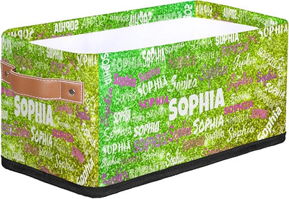 Personalized Small Storage Basket with Name, Countertop Toilet Paper Basket, Entryway Organizing Keys Books Toys Towels, Desk Shelf Makeup Organization, Bright Shiny Lime Green Sequins