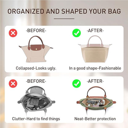 Doxo Felt Purse Organizer Insert,Handbag Organizer Compatible with Longchamp Le-pliage Large and More, Long Champ Bag Organizer Keeps Tote Handbags Shaped & Neat (Beige,Large)