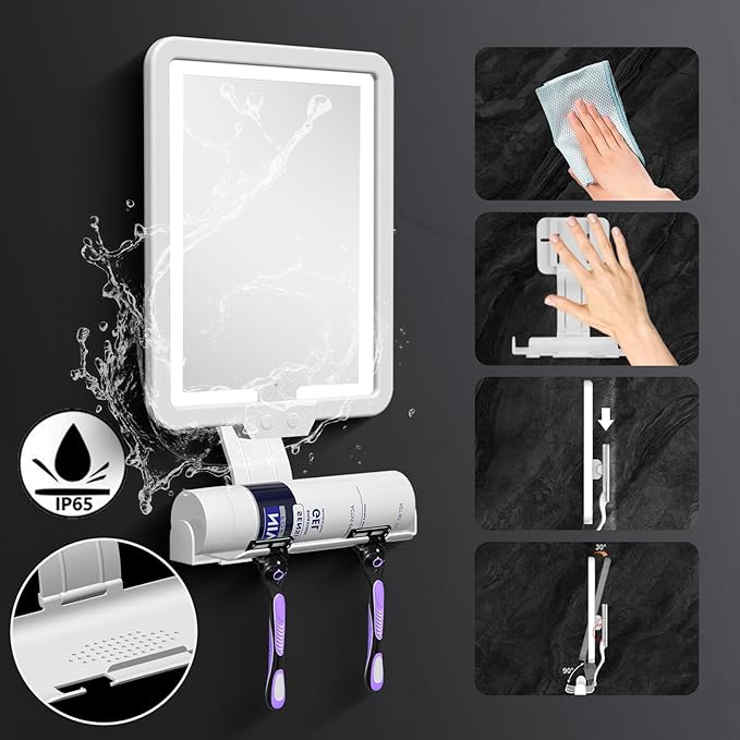 Instant Heated fog free Shower Mirror Fogless for Shaving for Women Makeup Removing,Anti fog Mirror for shower with 3-Color Dimming Light,Rechargeable Lighted Mirror,2Ways Wall Mounted Shower Mirrors