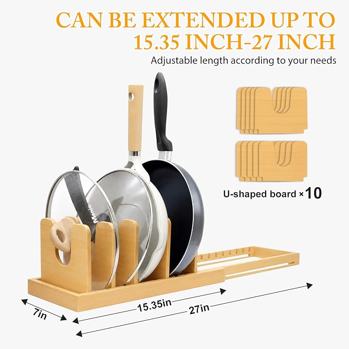 MinBoo Bamboo Expandable Pot Lid Organizer, Pot and Pan Organizer Drawer Organizer for Pot Lids, Adjustable 10 U-Shaped Dividers for Kitchen Cabinet Organizers and Storage (Bamboo-1)