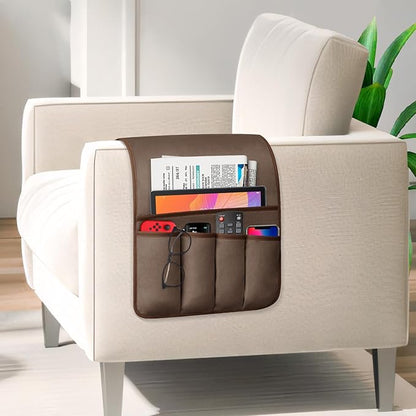 Remote Control Holder for Armchair, Couch Caddy Organizer TV Remote Holder for Bed Storage 5 Pockets, Remote Caddy Bedside Organizer Bedside Table Organizer (Brown, 35"x12.4")