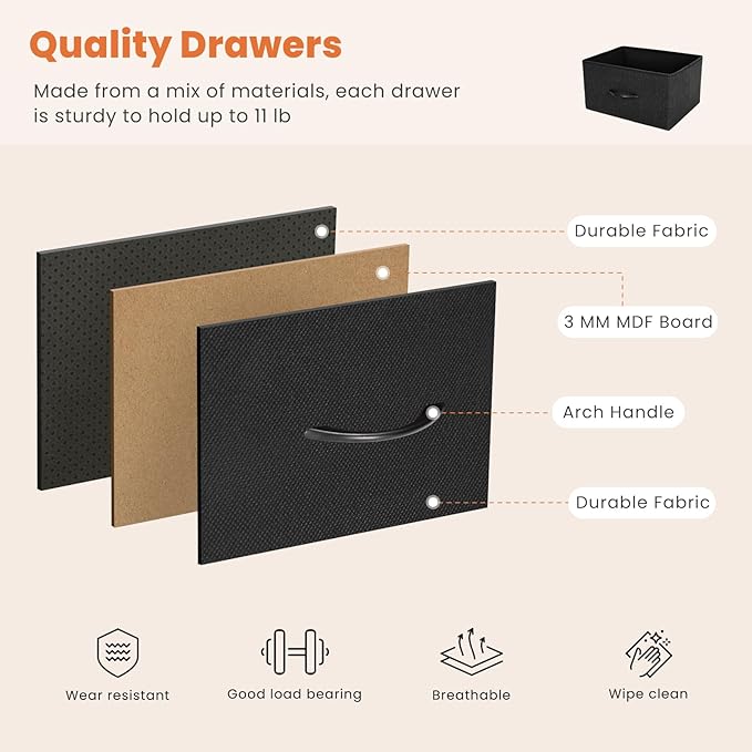 Sweetcrispy Dresser for Bedroom with 5 Storage Drawers, Fabric Storage Tower Organizer, Chest of Drawers with Metal Frame Wooden Top for Closet, Living Room, Entryway, Black