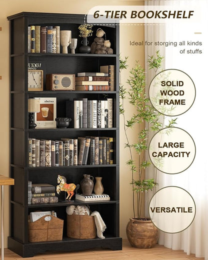 TVU 6-Tier Wooden Bookshelf, 76 Inch Tall Bookshelf with Storage, Floor Standing Modern Style Display Bookcase for Living Room, Office, Study Room, Entryway, Black