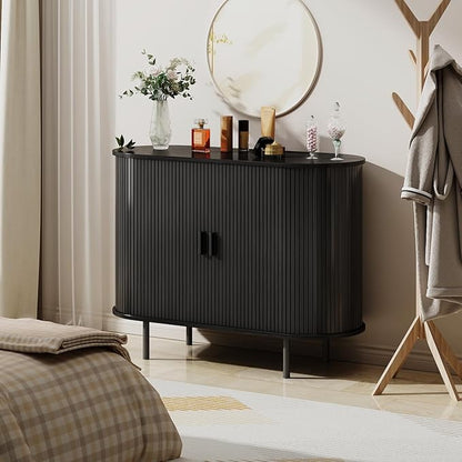 Buffet Sideboard Cabinet with Storage, 40" Fluted Cabinet with Sliding Door & Adjustable Shelf, Modern Accent Coffee Bar Console Table for Kitchen, Entryway, Black