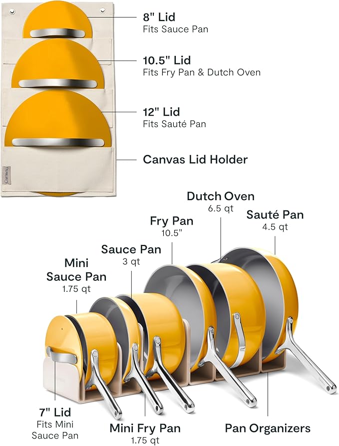 Caraway 24-Piece Nonstick Ceramic Cookware Set - Includes Fry Pans, Sauce, Sauté Pan, Dutch Oven, Petite Cooker, Stir Fry, Rondeau, Stock Pot, Lids & Storage Organizers - Marigold