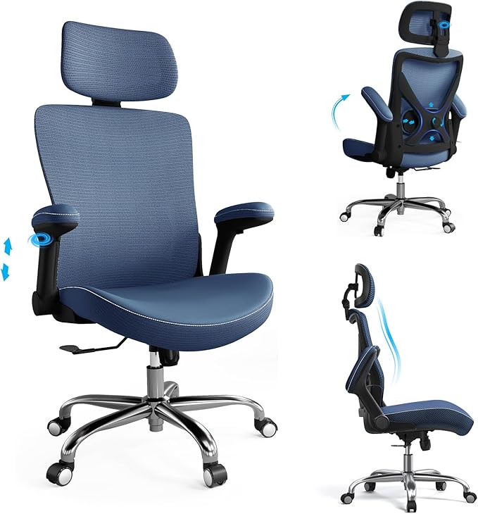 Office Home Ergonomic Desk Chair-Computer X-Shaped Chair Mesh PU Leather with Adjustable Lumbar Support-Executive Chair High Back Flip-Up Arms for Long Hours (Navy Blue)