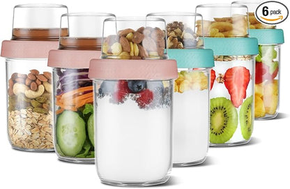 4oz 16 oz Glass Overnight Oats Containers with Lids 6Pack, Yogurt Parfait Cups with Dry and Wet Separation, Breakfast Prep Bowl for Cereal Nut Fruit Meal, To Take Along Oatmeal Salad Smoothie Snack