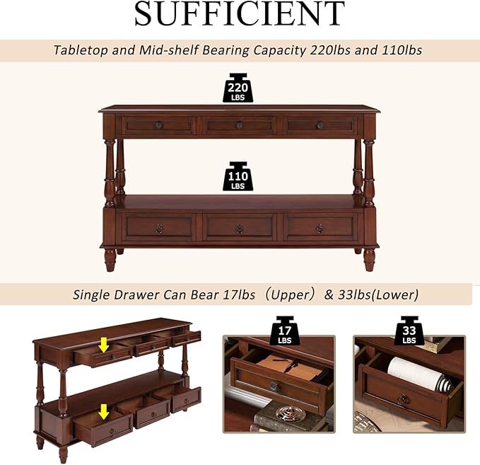 KEIKI 54”L Pine Solid Wood Entryway Console Table with 6 Storage Drawers, Vintage Behind Couch Sofa Table with 2 Tiers Open Shelf for Hallway, Entrance, Entry Way, Living Room, Foyer