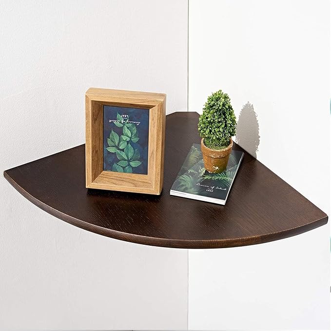 Conamily Corner Shelf,16inch Walnut Solid Wood Floating Corner Shelves Wall Mount Round End Floating Speaker Rack with Wire Hole for Small Plant for Bedroom Kitchen, Living Room