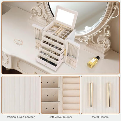 Dajasan Large Jewelry Organizer Box, Jewelry Boxes for Women Girls, 6-Tier Jewelry Storage Organizer with Mirror for Necklace Ring Bracelet Watch, Gift Idea (Beige)