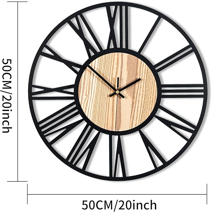 Blorple 20inch/50cm Large Wall Clocks for Living Room Decor,Bedroom,Battery Operated,Metal,Decorative,Analog,Silent,Non Ticking Big Wall Clock(Wooden Roman Numerals, 20 inches)