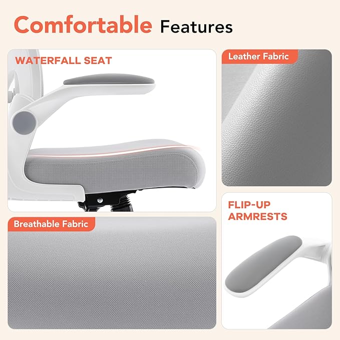 Ergonomic Office Chair, Computer Desk Chair with Adjustable Lumbar Support and Flip-up Armrests, Rocking Function, Comfy Mesh Office Desk Chair for Home Office, Grey