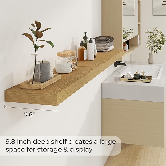 Dreamland 72 Inches Floating Shelves for Wall, 9.8" Deep Long Floating Shelves Set of 1, Large Display & Storage Shelf, Wall Shelf for Bathroom Bedroom Living Room Kitchen Office, Oak