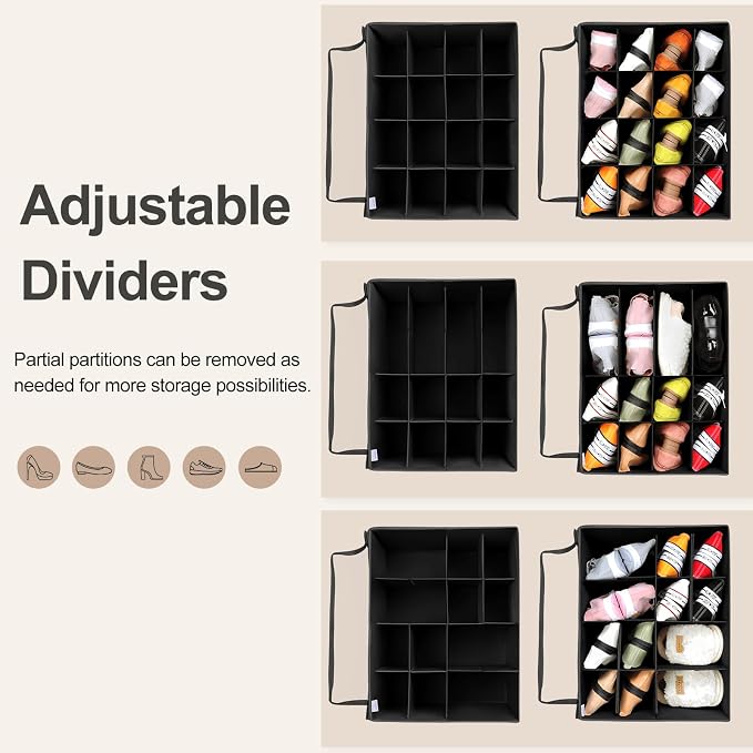 TOPIA HOME Shoe Organizer for Closet 2 Pack, Foldable Shoe Box with Adjustable Dividers and Clear Cover, Space Saving Shoe Storage Organizer Cabinet with Reinforced Handles, Fits 32 Pairs, Black TP12B
