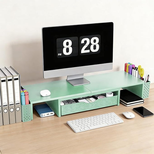 Spacrea Metal Desk Organizers and Accessories, Dual Monitor Stand Riser with Drawer and 2 Pen Holders, Book Racks, Desk Accessories & Workspace Desktop Organizers for Office Supplies (Sage Green)