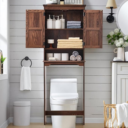 ACCOHOHO Over The Toilet Storage Cabinet, Farmhouse Bathroom Cabinet with Adjustable Shelf & Barn Door, 67" Tall Over The Toilet Shelf, Brown