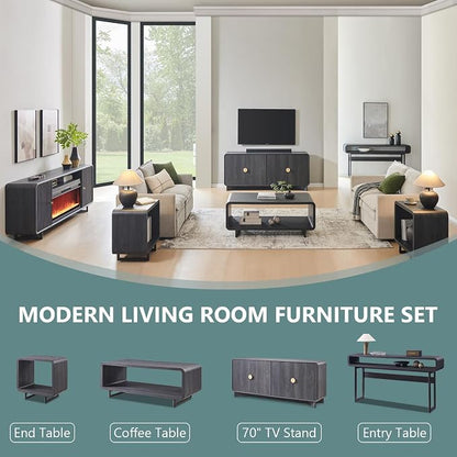 IFGET 48" Modern Coffee Table, 2-Tier Minimalist Center Table with Storage Shelf, Curved Profile Design, Wooden Rectangular Living Room Table w/Wood Thick Design for Living Room, Office, Dark Grey