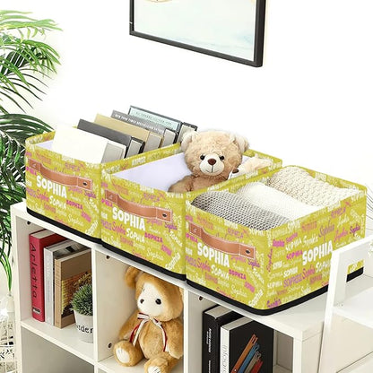 Custom Toilet Paper Storage Baskets Named, Storage Bins Boxes PU Leather Handles for Bedroom Closet Bathroom, Organizing Toys Books Shelves Nursery, Bright Lemon Yellow