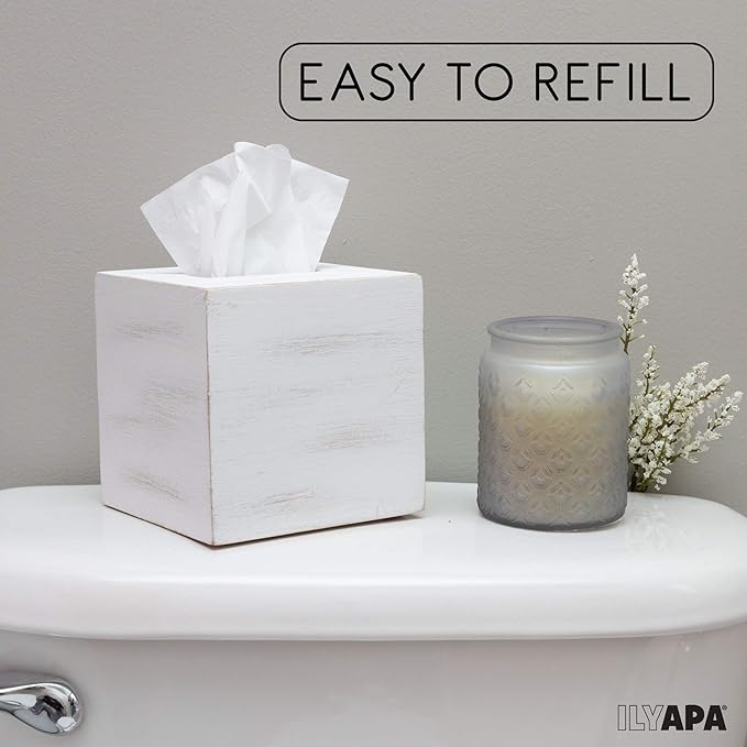 Ilyapa Wood Tissue Box Cover Square, 2 Pack - Rustic Farmhouse White Wooden Tissue Holder