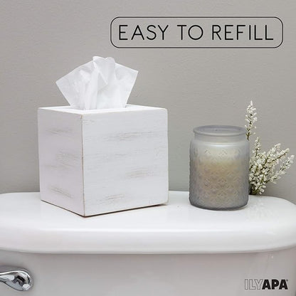 Ilyapa Wood Tissue Box Cover Square, 2 Pack - Rustic Farmhouse White Wooden Tissue Holder