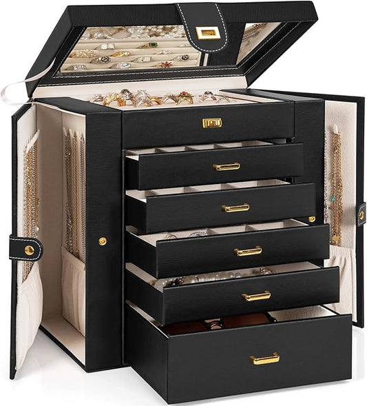 AKOZLIN 6-Tier Jewelry Box Organizer Functional 5 Drawers Leather Jewelry Storage Case for Women Girls Ring Necklace Earring Bracelet Holder Organizer with Mirror Extra Large Black