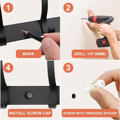 Coat Rack Wall Mounted,6 Coat Hooks for Hanging Coats,Metal Double Hook Rack Hook Rail,Coat Rack with Hooks,Wall Mount Coat Hanger for Hat Towel Purse Robes (2 Pack Black, 6 Hooks)