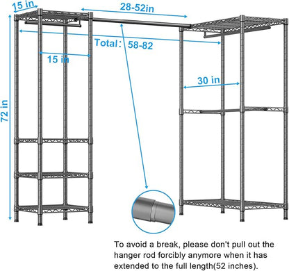 E10L L-Shaped Clothes Rack for Corner（With Expandable Hanger Rod）Heavy Duty Freestanding Clothing Racks for Hanging Clothes，Portable Garment Rack 58-82"W x 30"D x 72"H，Max Load 900LBS，Grey