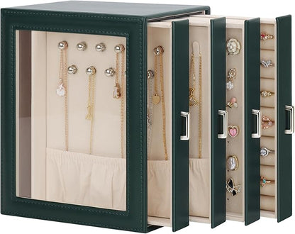 DesignSter Jewelry Box Organizer, Jewelry Box for Women, PU Jewelry Organizer Display Case with Side Drawers, Jewelry Storage for Earring Necklace Ring Bracelet Watch